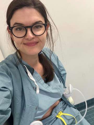 Dr. Theo Wingert Pumping Breast Milk At Hospital
