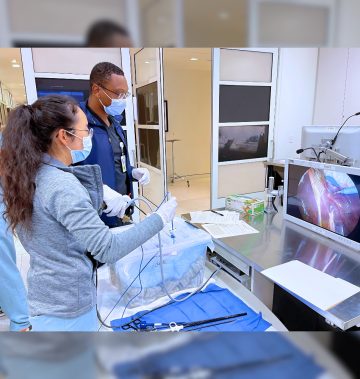 Trainees practice laparoscopic surgery using a simulation box
