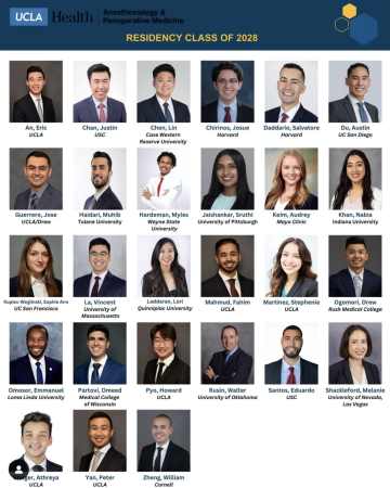 Residency class of 2028. Twenty seven residents headshots and the university they went to listed below.