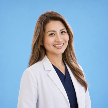 Cher Rimando in a white lab coat and navy scrubs against a blue background