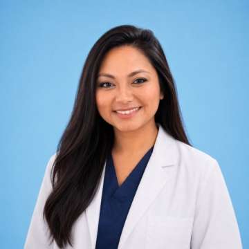 Claire Ruhlow wearing white coat and navy scrubs on blue background.