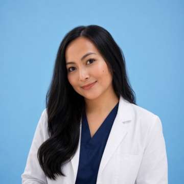 Pearl Ganga wearing white coat and navy scrubs on blue background.
