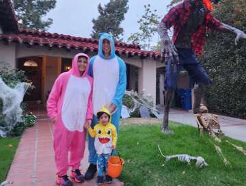 Shradha Khadge, MD with her family dressed up as the Baby Shark family on Halloween