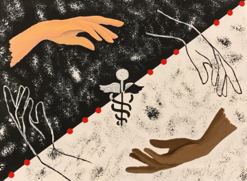 Illustration titled ‘Medical Equality’ showing diverse hands reaching toward a caduceus to represent equitable healthcare access