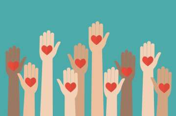 Graphic design of hands extended with hearts in palms