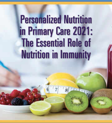 A nutrition doctor writing down notes with some berries, lemon, kiwis, and an apple on top of the table.