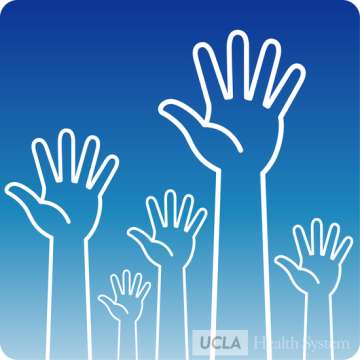 Illustration of raised hands with a blue background