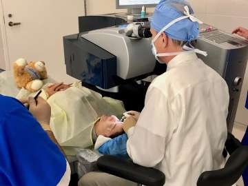 Dr. Miller performs an excimer laser ablation after lifting a LASIK flap. He uses the same Alcon WaveLight EX500 laser to perform PRK.