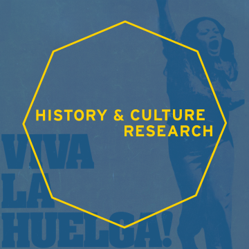 Graphic featuring bold text "HISTORY & CULTURE RESEARCH" with a woman celebrating.