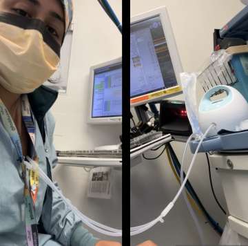 Mansi Sheth, MD shows pumping machine and herself pumping at hospital.
