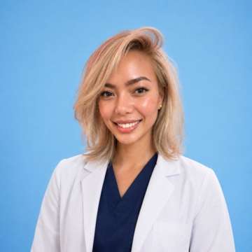 Czezka Agcaoili in white lab coat and navy scrubs against blue background.