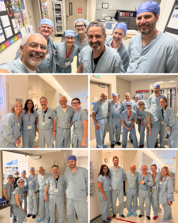 Collage of surgical team in scrubs posing together in hospital corridors.