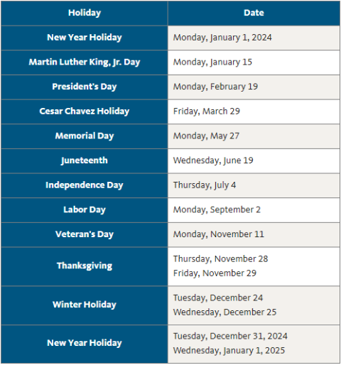 2024 OH Holiday Schedule