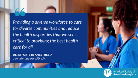 A blue graphic overlay with a quote about providing a diverse workforce for healthcare. Two healthcare workers in blue scrubs are blurred in the background.