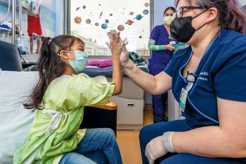 Her transfusion over, Leanna is ready to return home.