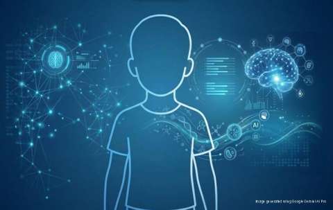 Silhouette of a young child with a the outline of a brain on the right, graphics and analysis in the background alluding to the future of medicine with artificial intelligence. This was used as a decorative logo for the brochure for the symposium whose theme focused on the impact of AI on child health