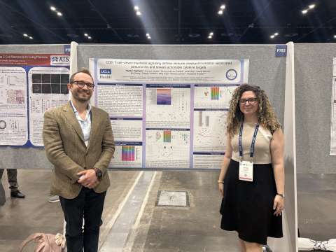 Photo of Dr. Paytsar Topchyan and Dr. Richard Watson presenting a poster at a conference