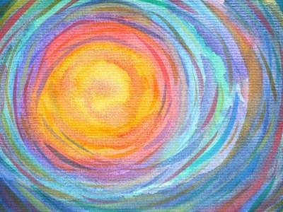 Painting of a swirl of colors with orange in the center