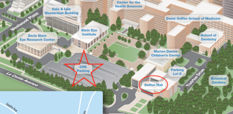 a detailed parking map of the UCLA campus, highlighting various parking structures and lots available for visitors and staff.