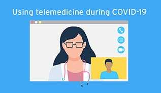 Graphic of female doctor with glasses having video conversation with patient