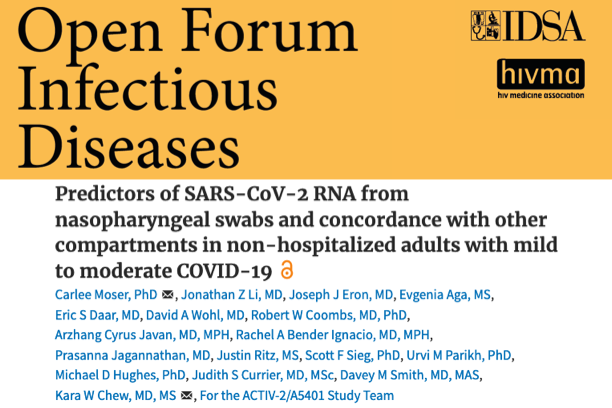 A masthead for a journal article titled, "Predictors of SARS-CoV-2 RNA From Nasopharyngeal Swabs and Concordance With Other Compartments in Nonhospitalized Adults With Mild to Moderate COVID-19 "