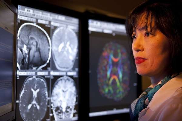 Radiology researcher observes x-rays.