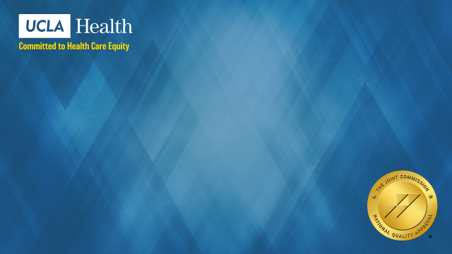 A blue UCLA Health Zoom background with the tagline "Committed to Health Care Equity" and The Joint Commission's National Quality Approval seal.