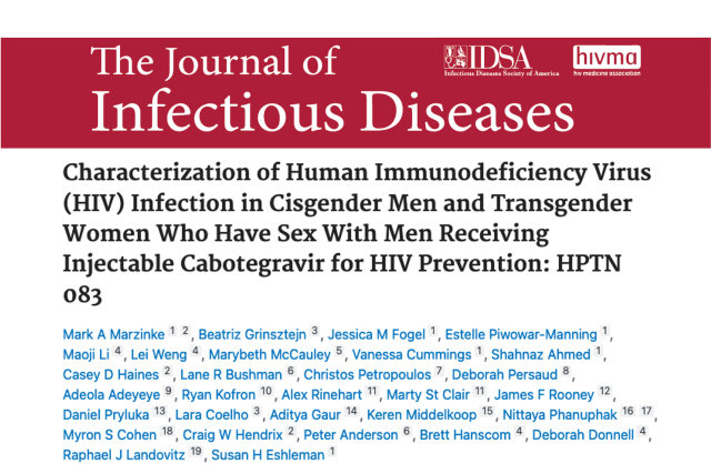 A masthead for a journal article titled, "Characterization of Human Immunodeficiency Virus (HIV) Infection in Cisgender Men and Transgender Women Who Have Sex With Men Receiving Injectable Cabotegravir for HIV Prevention: HPTN 083"