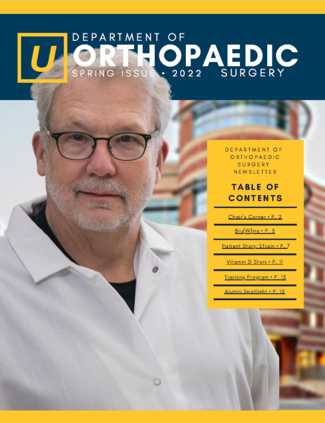 the cover of the department of orthopaedic surgery newsletter, with a man in a white lab coat looking at the camera