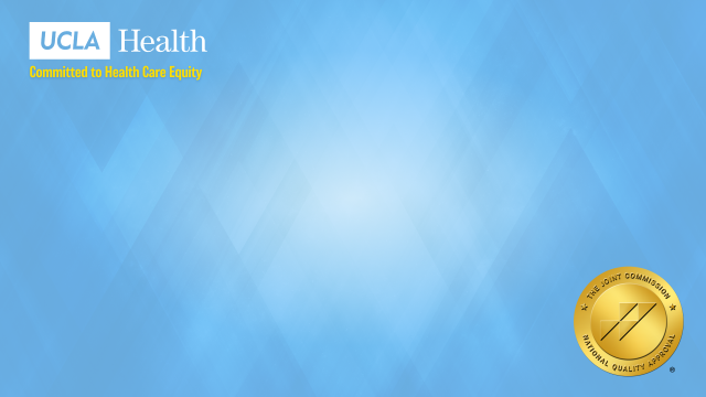 A light blue UCLA Health Zoom background with the tagline "Committed to Health Care Equity" and The Joint Commission's National Quality Approval seal.