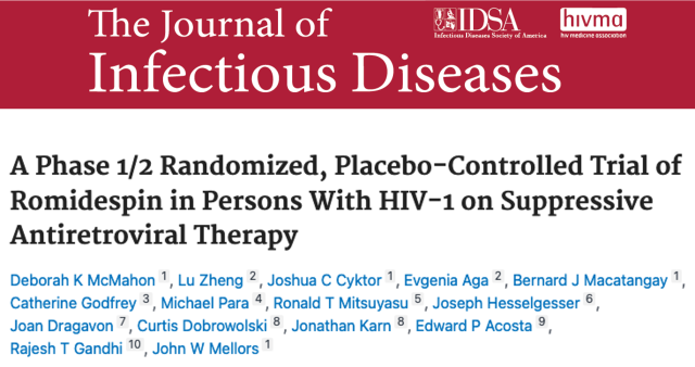 A masthead for a journal article titled, "A Phase 1/2 Randomized, Placebo-Controlled Trial of Romidespin in Persons With HIV-1 on Suppressive Antiretroviral Therapy "