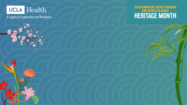  A serene blue background patterned with traditional Japanese waves, featuring cherry blossoms, bamboo, and various tropical flowers.