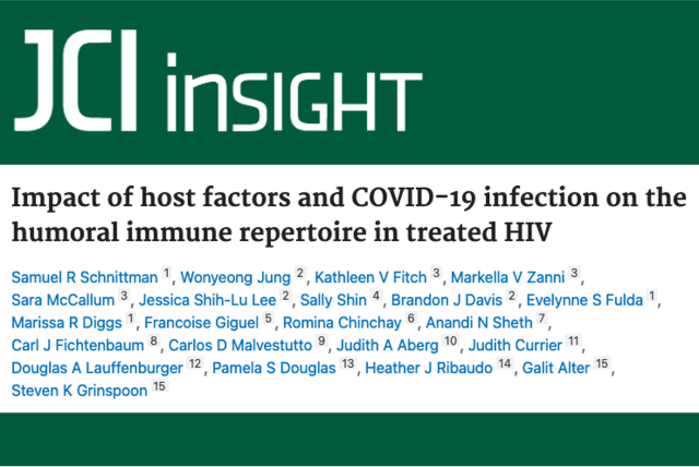 A masthead for a journal article titled, "Impact of host factors and COVID-19 infection on the humoral immune repertoire in treated HIV "