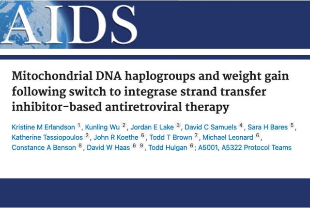 A masthead for a journal article titled, "Mitochondrial DNA haplogroups and weight gain following switch to integrase strand transfer inhibitor-based antiretroviral therapy "
