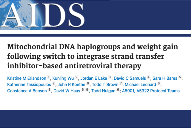 Masthead for a journal article titled "Mitochondrial DNA haplogroups and weight gain following switch to integrase strand transfer inhibitor..."
