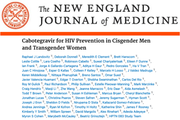A masthead for a journal article titled: "Cabotegravir for HIV Prevention in Cisgender Men and Transgender Women."