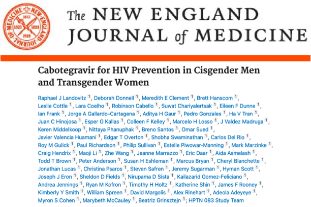 A masthead for a journal article titled, "Cabotegravir for HIV Prevention in Cisgender Men and Transgender Women "