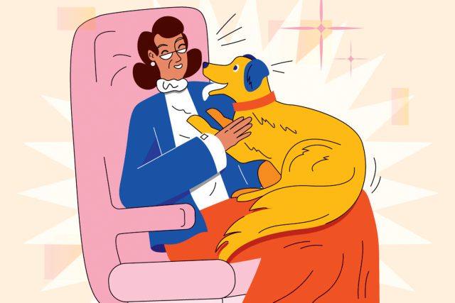 Pet Therapy Illustration by Maitreyee Kalaskar. An older woman sitting on a sofa with a dog on her lap.