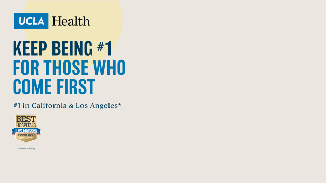 UCLA Health Zoom background: "KEEP BEING #1 FOR THOSE WHO COME FIRST." Ranked #1 in California & Los Angeles with "Best Hospitals" badge.