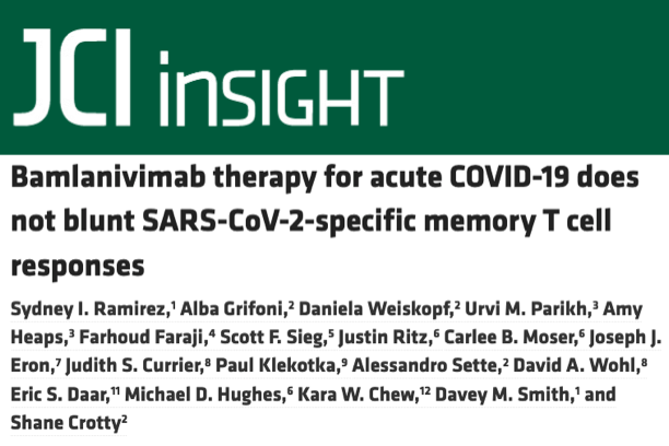 A masthead for a journal article titled, "Bamlanivimab therapy for acute COVID-19 does not blunt SARS-CoV-2-specific memory T cell responses "