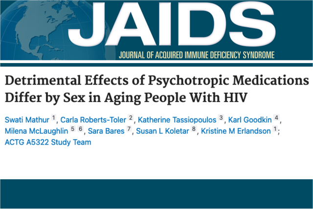 A masthead for a journal article titled, "Detrimental Effects of Psychotropic Medications Differ by Sex in Aging People With HIV "