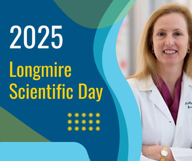 Promotional graphic for 2025 Longmire Scientific Day featuring Visiting Professor Dr. Kelly Hunt, who is pictured smiling in a white coat
