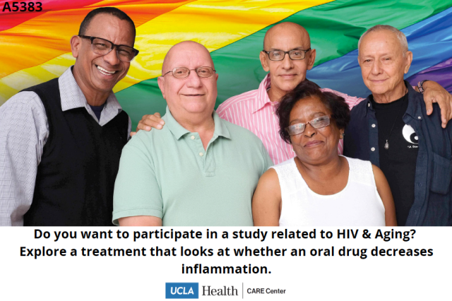 A group of smiling people standing in front of a rainbow flag with the caption: "Do you want to participate in a study related to HIV & Aging? Explore a treatment that looks at whether an oral drug decreases inflammation."