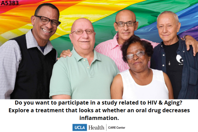 Group standing in front of a rainbow flag with a caption inviting participation in an HIV and aging study on an oral anti‑inflammation treatment