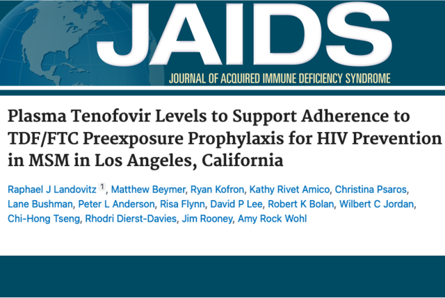 Masthead for article on plasma tenofovir levels supporting PrEP adherence for HIV prevention in MSM in Los Angeles.