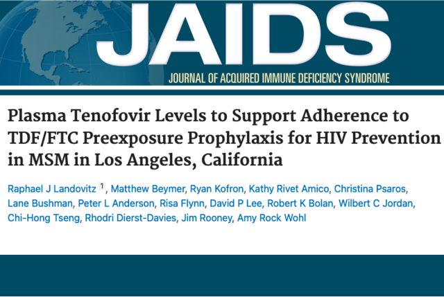 A masthead for a journal article titled, "Plasma Tenofovir-levels to Support Adherence to TDF/FTC Pre-exposure Prophylaxis for HIV Prevention in MSM in Los Angeles, California"