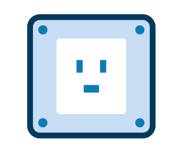 Burn Prevention - A stylized icon of a light blue square electrical outlet with a white faceplate