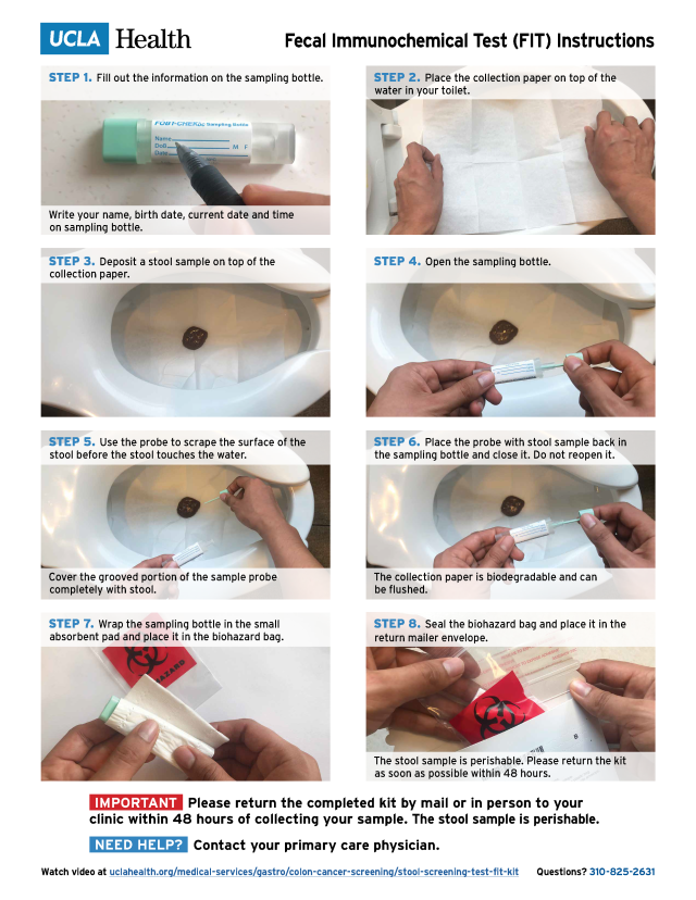 Step-by-step instructions for completing the Fecal Immunochemical Test (FIT) at home, including stool sample collection.