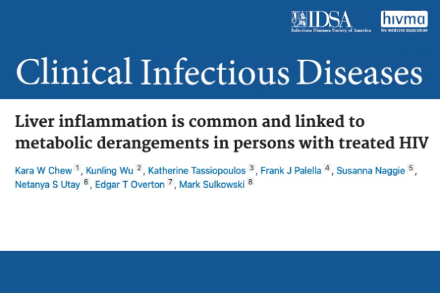 A masthead for a journal article titled, "Liver Inflammation Is Common and Linked to Metabolic Derangements in Persons With Treated Human Immunodeficiency Virus (HIV) "