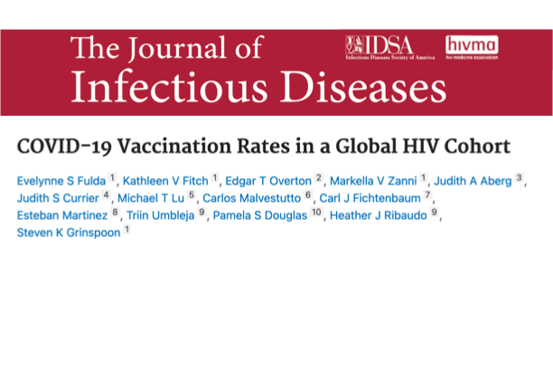 A masthead for a journal article titled, "COVID-19 Vaccination Rates in a Global HIV Cohort"